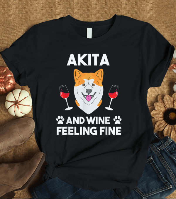 T-Shirt: Akita and Wine Feeling Fine Japanese Akita With Paw Prints and Red Wine Glasses T-Shirt Akita and Wine Feeling Fine Japanese Akita With Paw Prints and Red Wine Glasses T-Shirt