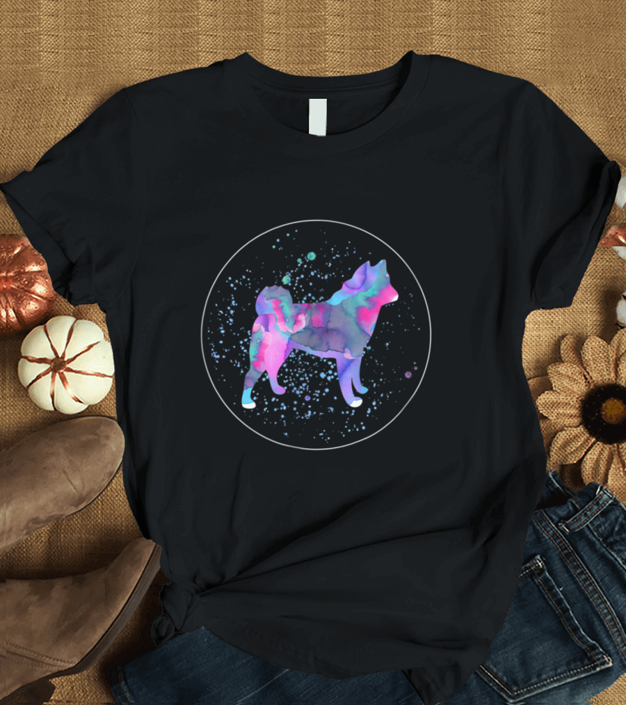 Akita Watercolor Dog Aquarell Silhouette with Cosmic Colors T-Shirt