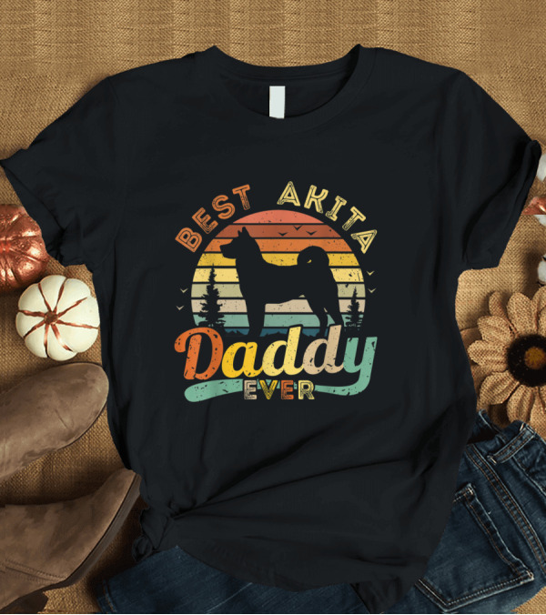 T-Shirt: Best Akita Daddy Ever Retro Dog Silhouette Forest Background T-Shirt Best Akita Daddy Ever Retro Dog Silhouette Forest Background T-Shirt