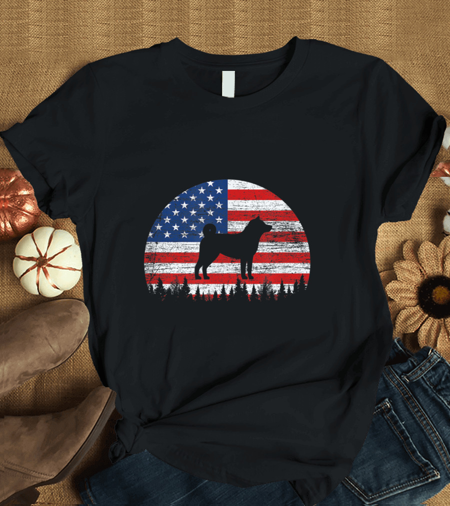 Akita Dog Silhouette with American Flag and Forest Scene for 4th of July T-Shirt