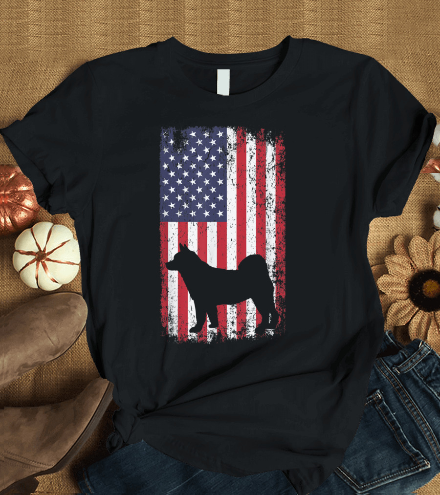 Akita Dog Silhouette Over Distressed American Flag Background T-Shirt