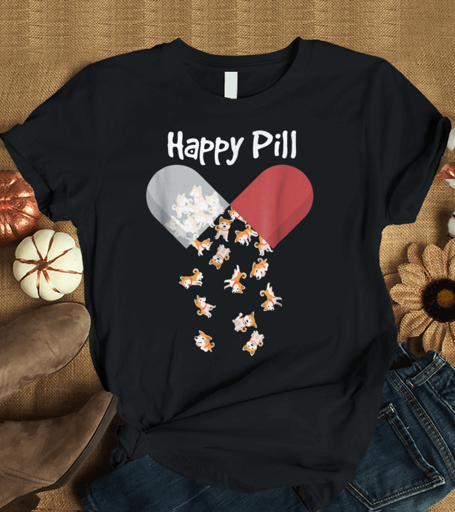 Akita Dog Happy Pill Capsule Filled with Cute Puppies T-Shirt