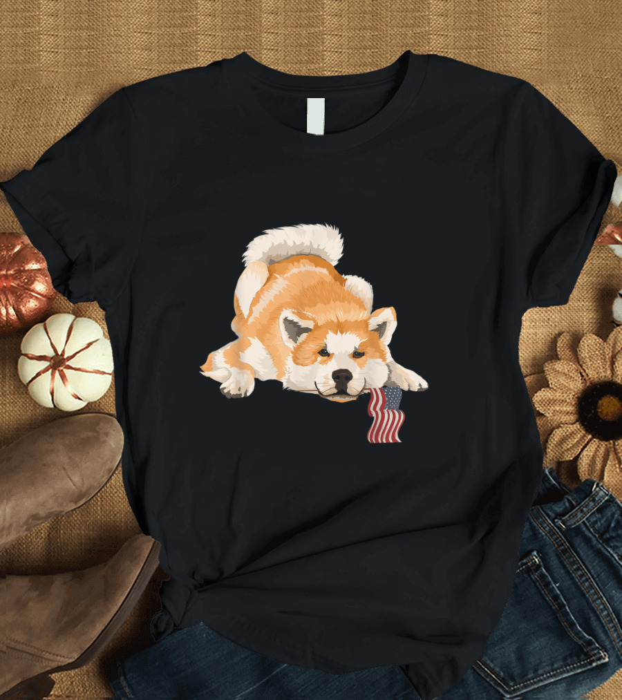 Akita Dog with American Flag Playful Pose T-Shirt