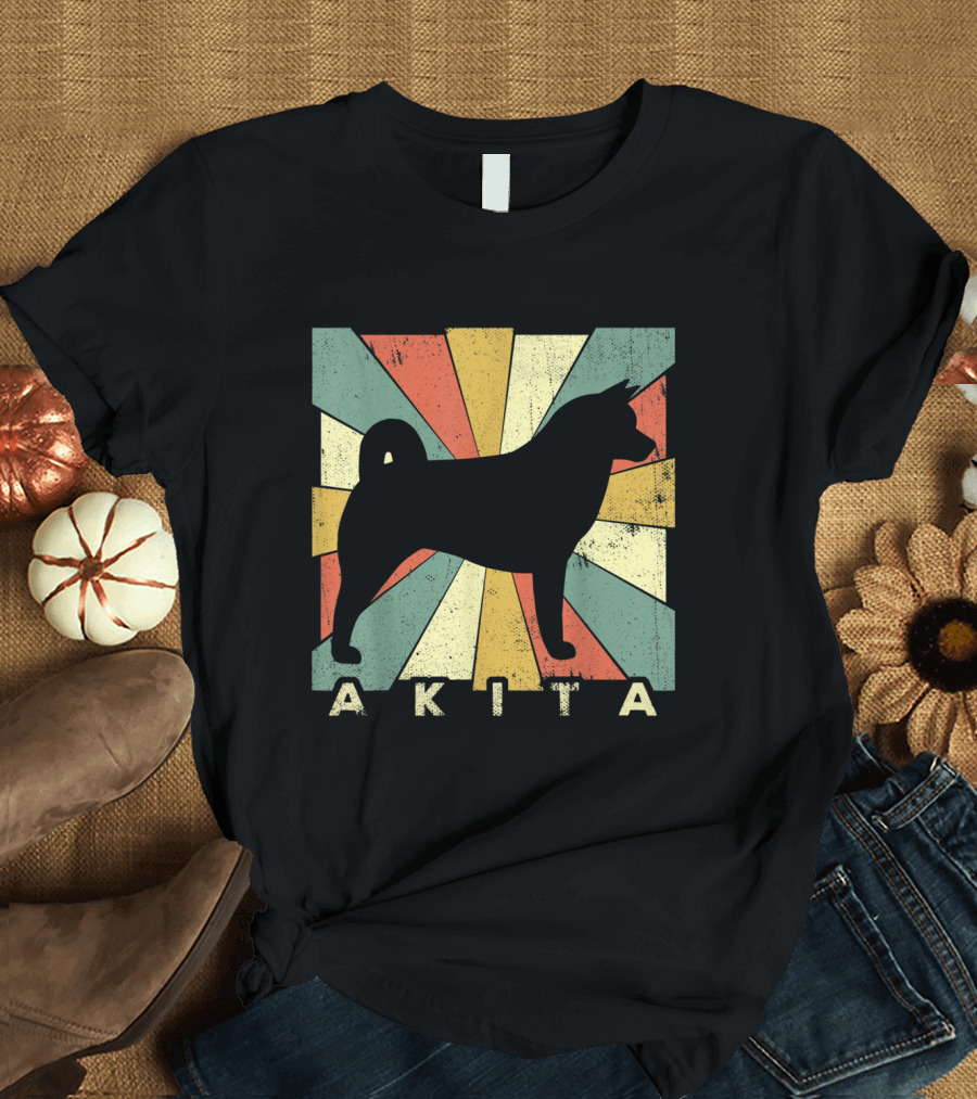 Retro 70s Akita Dog Silhouette with Vintage Sunburst Background T-Shirt