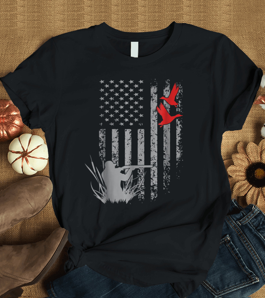 American Flag Duck Hunting Clothing Hunter with Rifle Birds T-Shirt