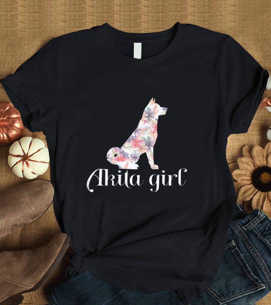 Floral Akita Girl with Elegant Flower T-Shirt