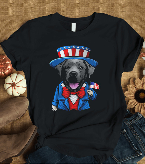 T-Shirt: Uncle Sam Black Lab Holding American Flag 4th of July T-Shirt Uncle Sam Black Lab Holding American Flag 4th of July T-Shirt