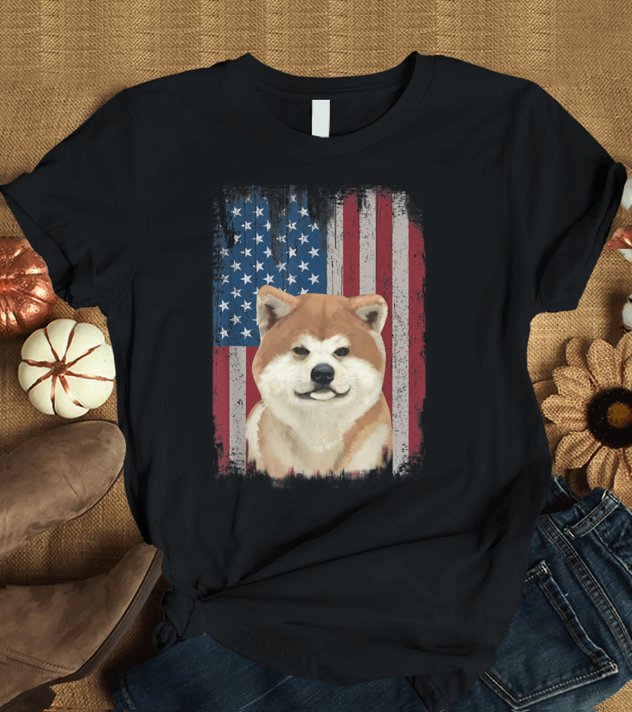 Akita Inu Dog with Grunge American Flag Patriotic 4th of July T-Shirt