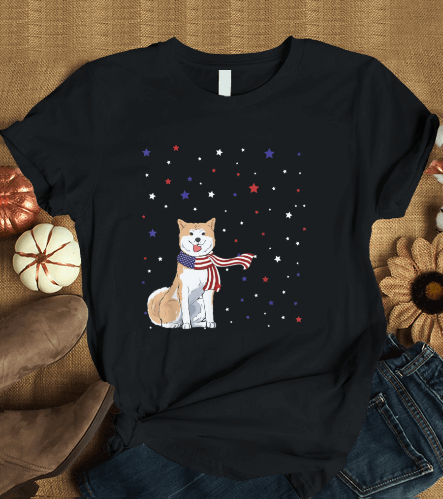 Akita Inu in American Flag Scarf with Patriotic Red, White, and Blue Stars T-Shirt
