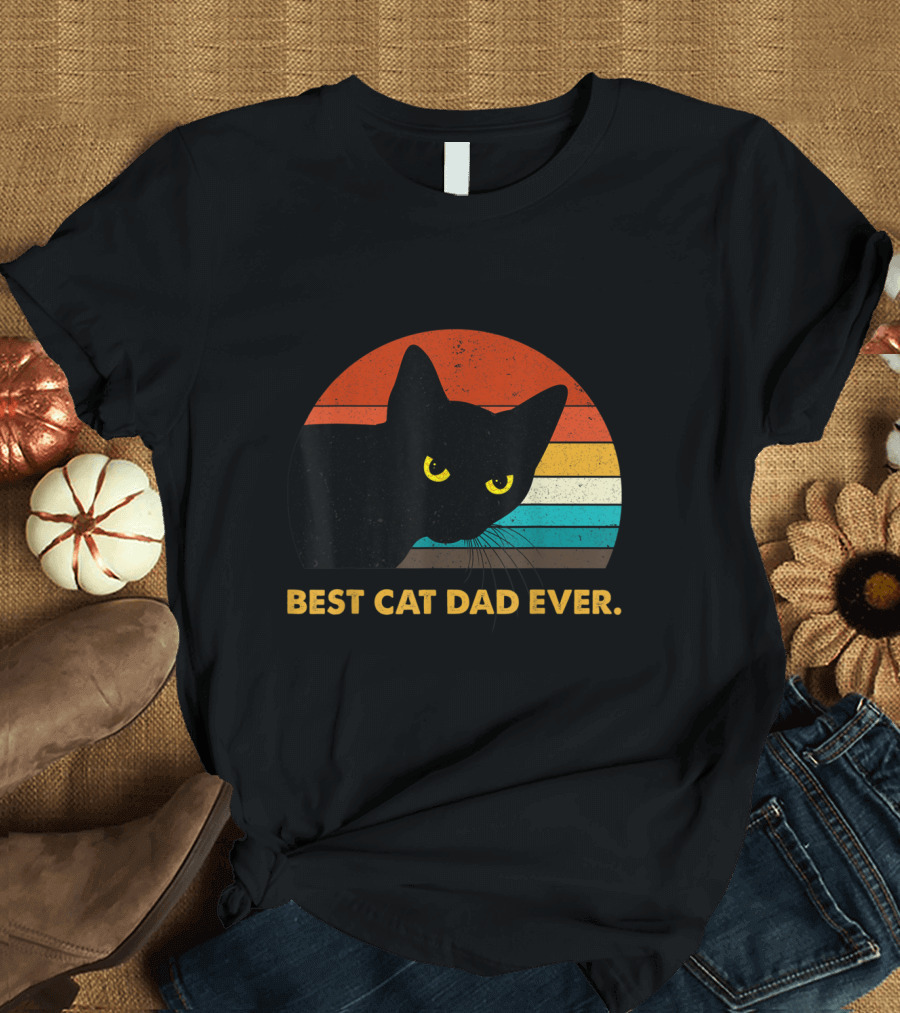 Best Cat Dad Ever Vintage Black Cat Retro Sunset T-Shirt