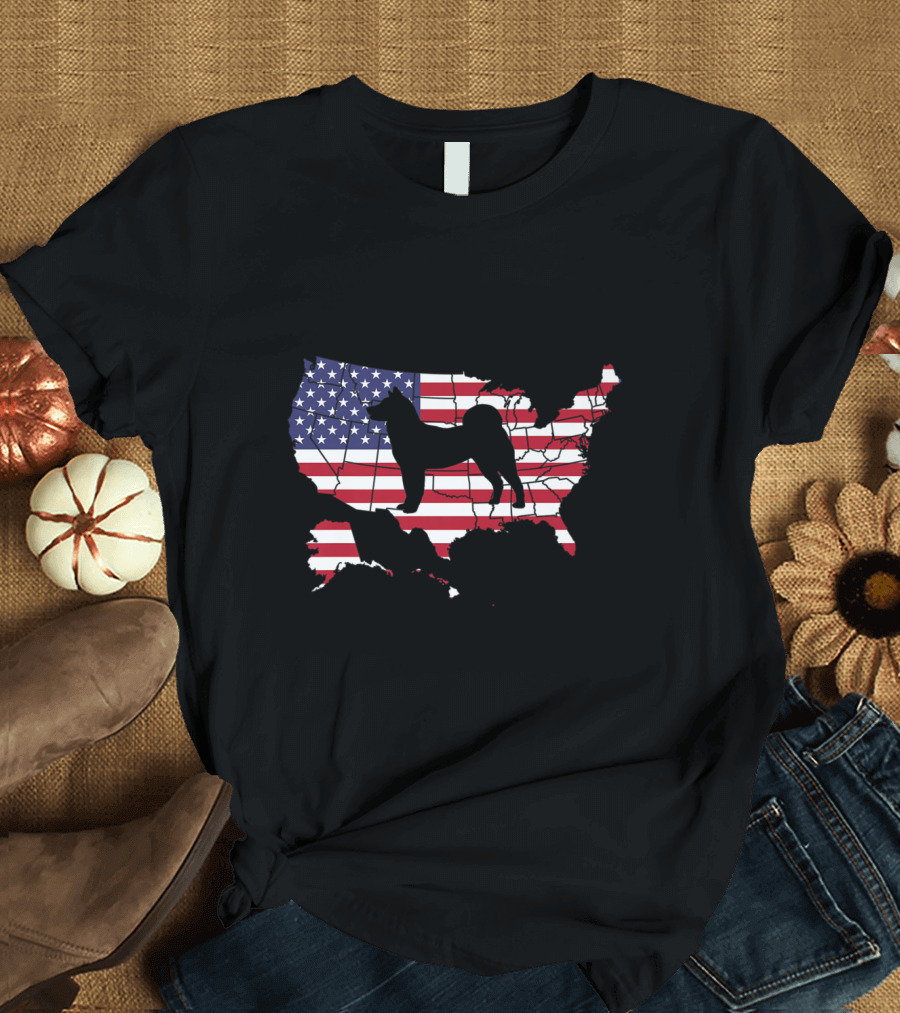 Akita Inu Silhouette on American Flag Map USA Patriot T-Shirt