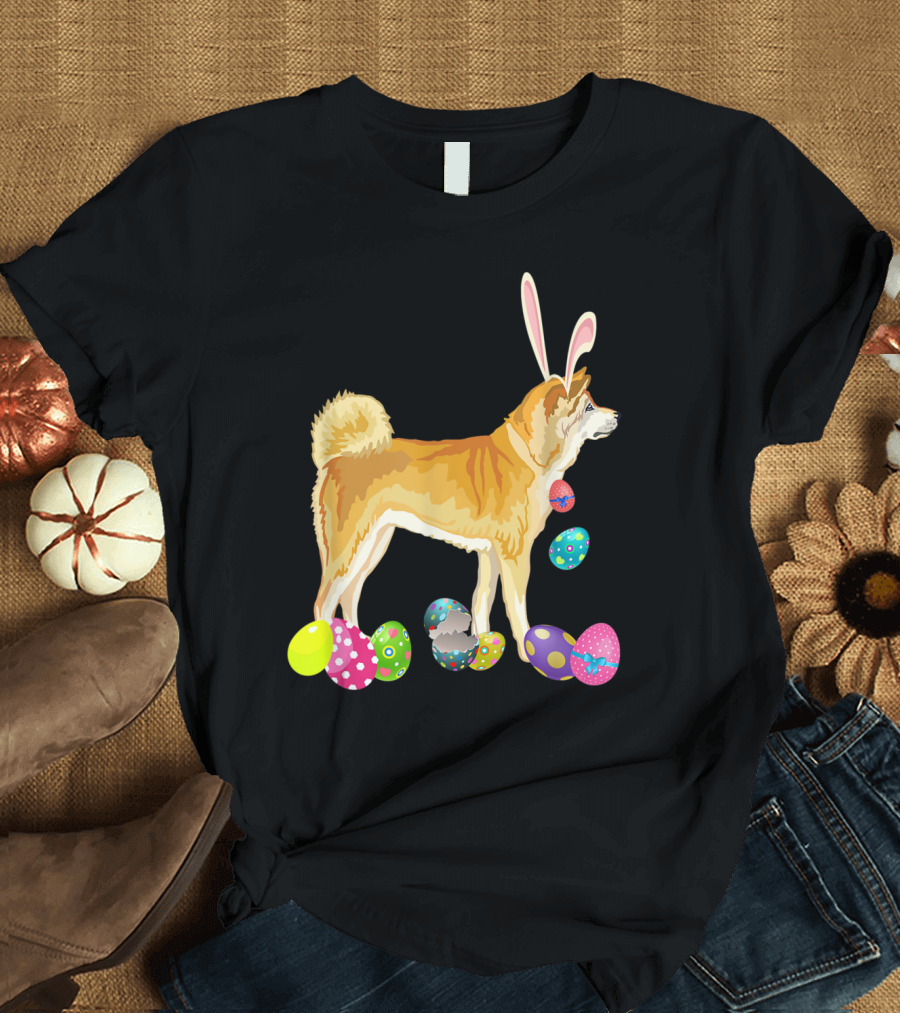 Akita Inu Dog with Bunny Ears and Colorful Easter Eggs T-Shirt