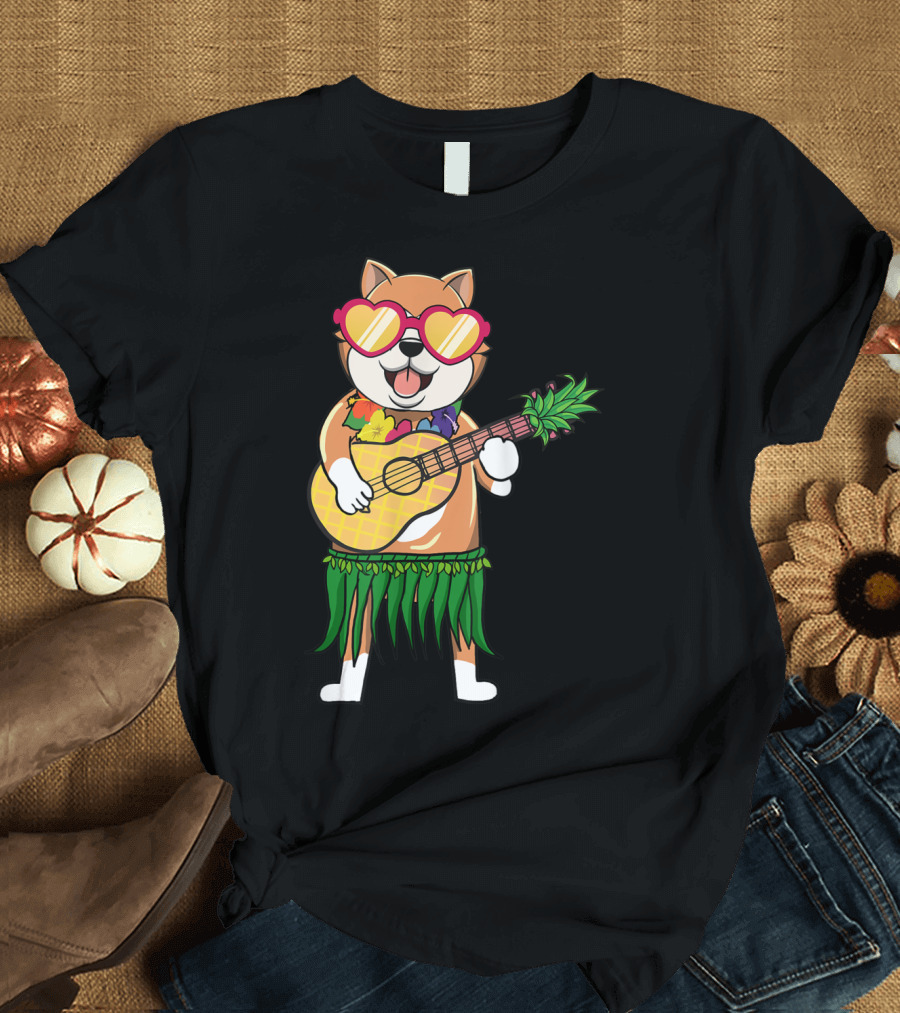 Akita Inu Hawaiian Costume Heart Sunglasses Pineapple Ukulele T-Shirt