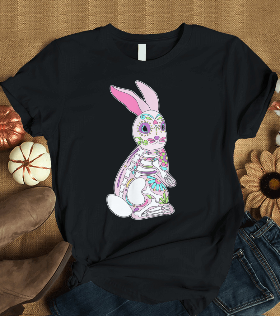 Easter Bunny Sugar Skull Dia De Los Muertos Colorful Skeleton T-Shirt