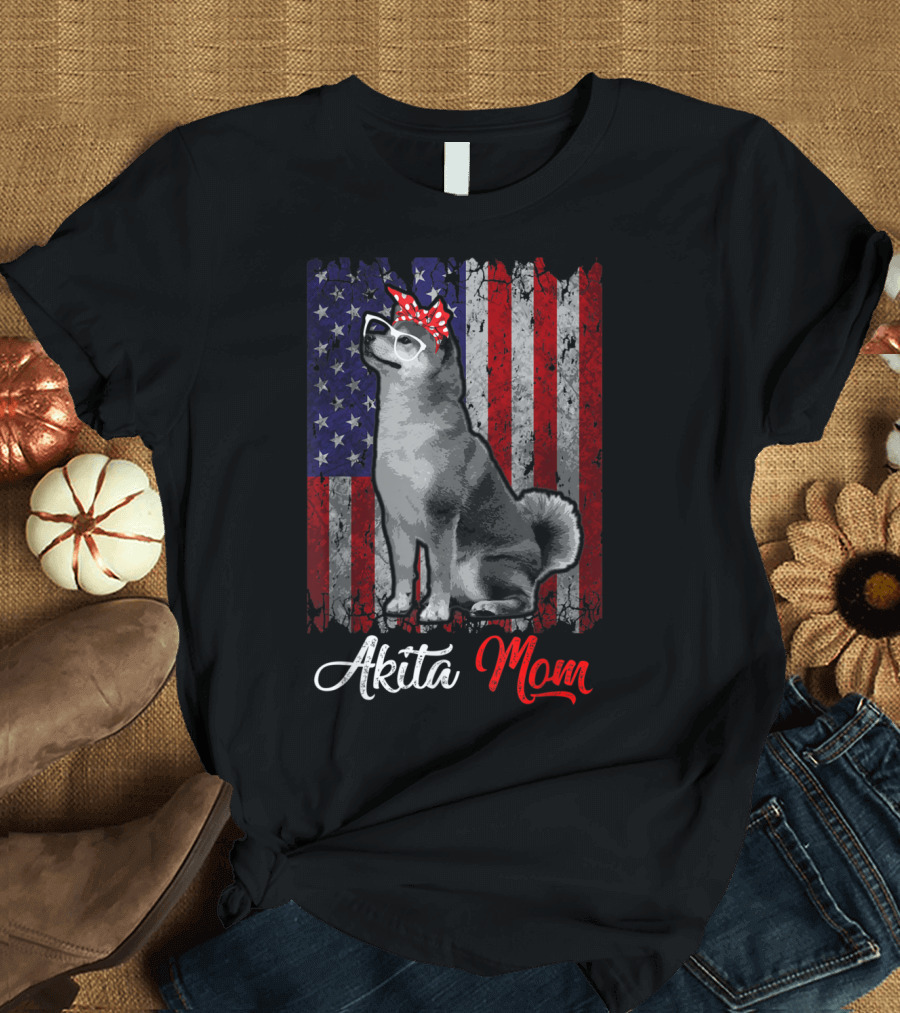 Patriotic Akita Mom Dog with American Flag Background T-Shirt