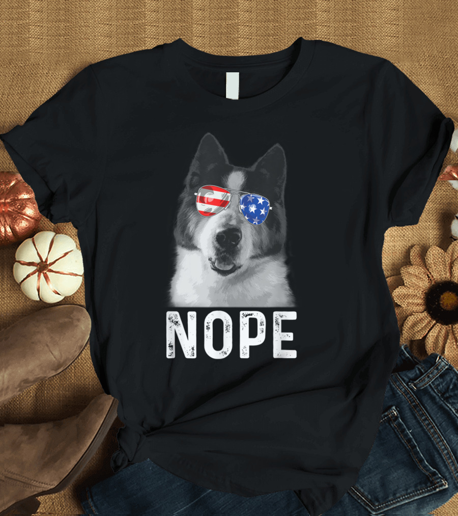Nope Akita Dog with American Flag Sunglasses T-Shirt