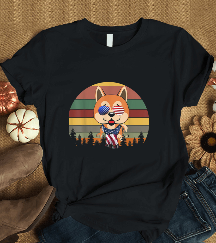 Patriotic Akita Dog with American Flag Glasses for 4th of July Independence Day T-Shirt