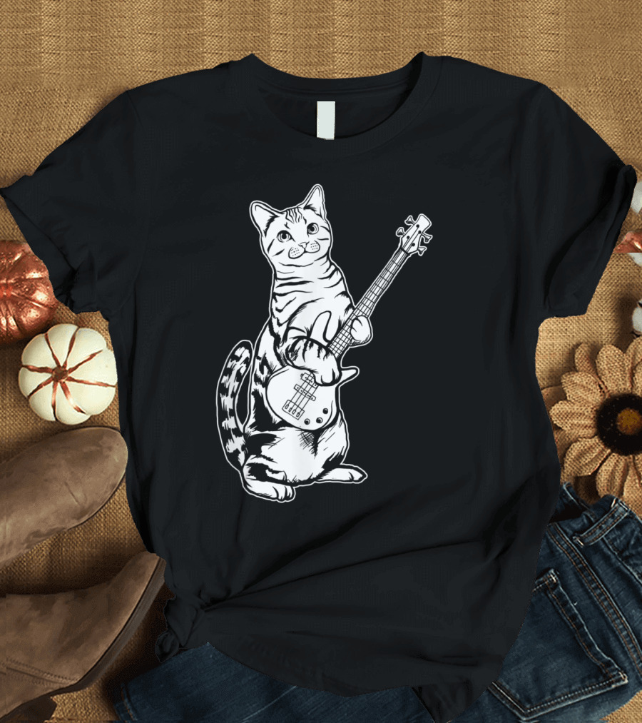 Playful Feline Rocker with Electric Bass Guitar - Funny Cat Cool Musician T-Shirt