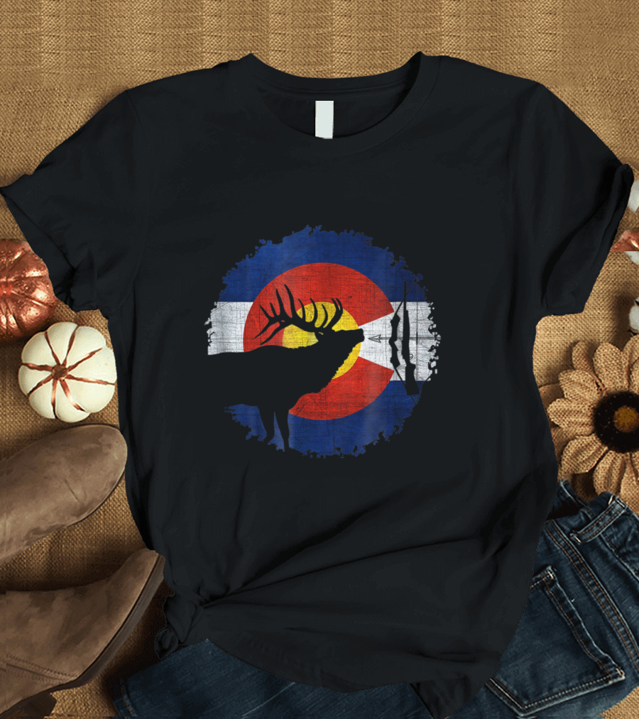 Colorado Flag Elk Silhouette Hunting Scene T-Shirt