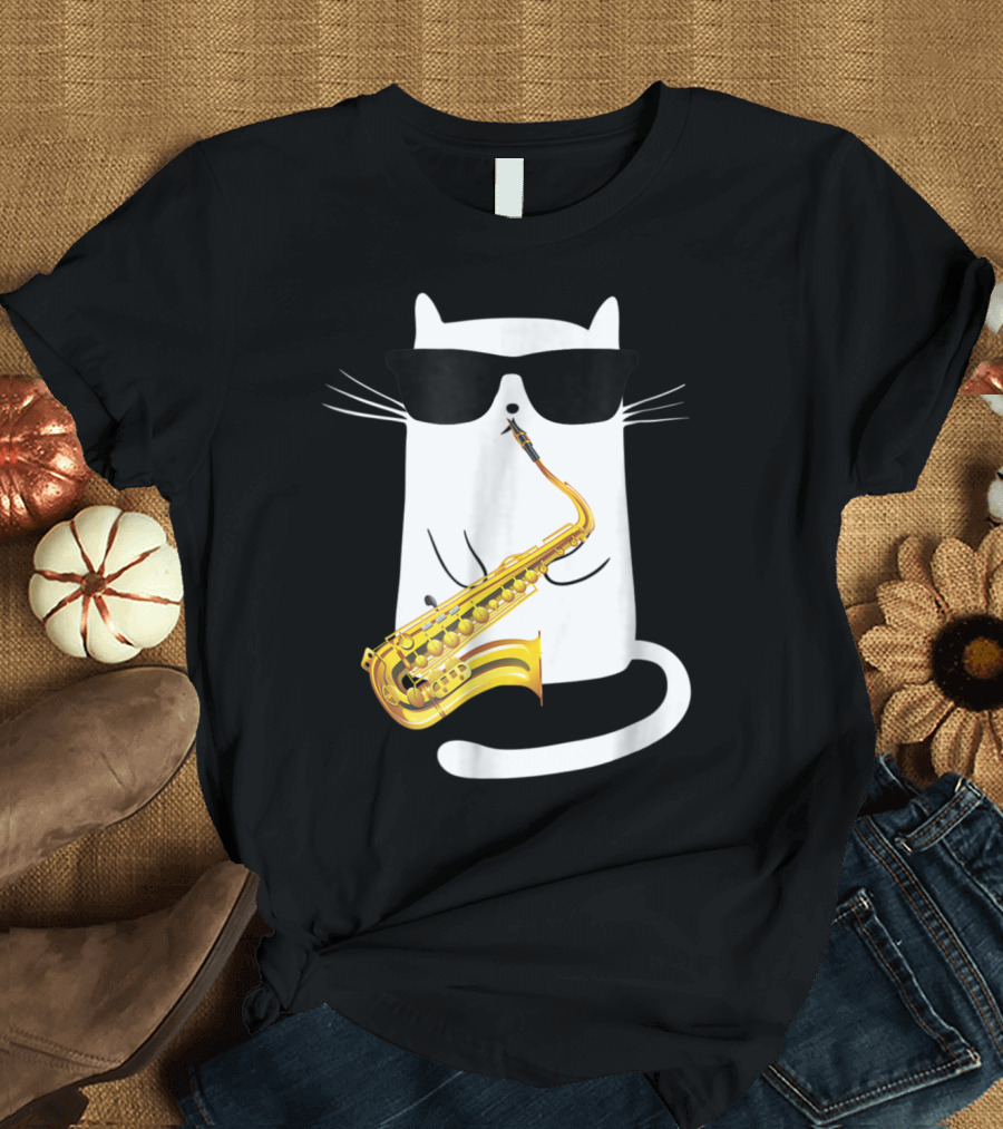 Cool Cat with Sunglasses Playing a Saxophone in Humorous T-Shirt