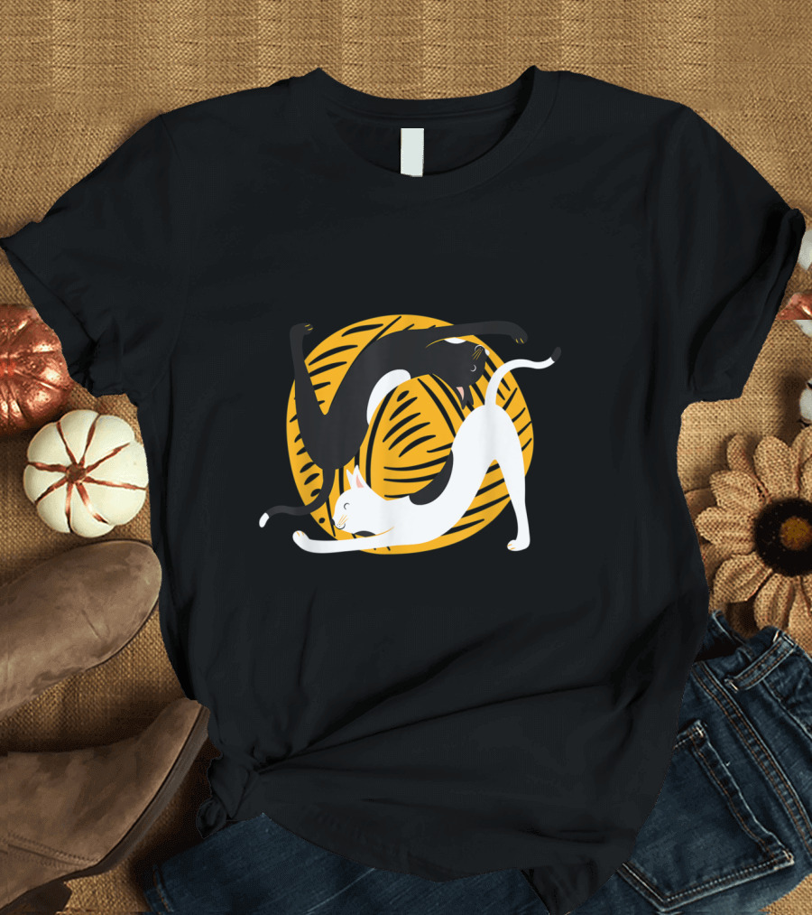 Funny Cat Yoga Black and White Cats Playing with Yellow Yarn T-Shirt