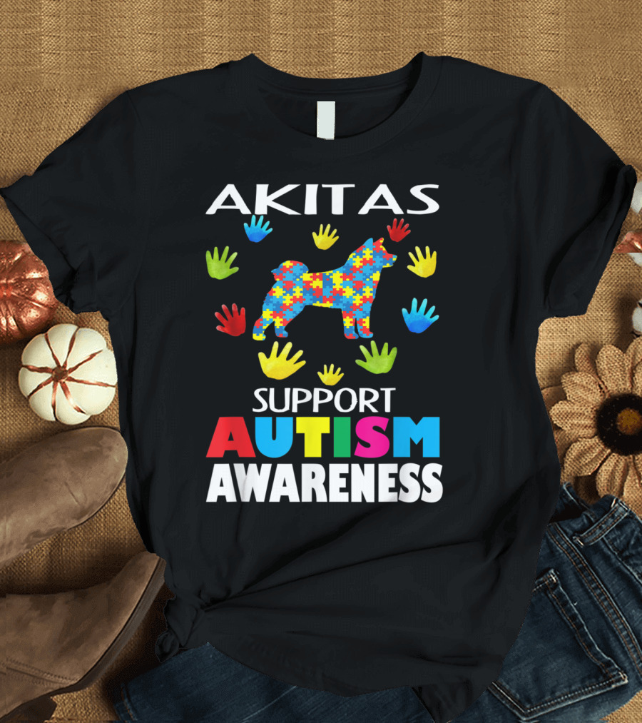 Akitas Support Autism Awareness Colorful Puzzle Heart and Hands T-Shirt