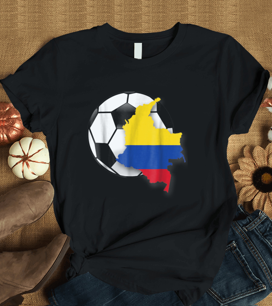 Colombia Soccer Futbol Graphic Featuring Country Flag Map Over Soccer Ball T-Shirt