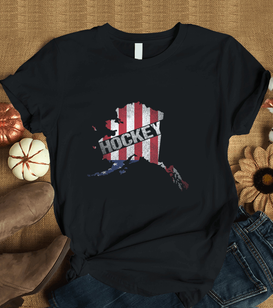 Hockey USA Flag Alaska State Map Patriotic Sports T-Shirt