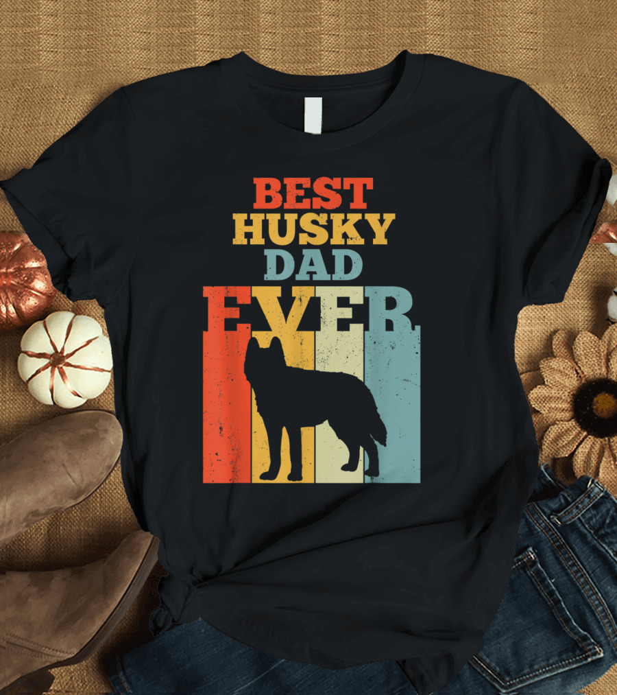 Best Husky Dad Ever Vintage Silhouette Retro Colors T-Shirt