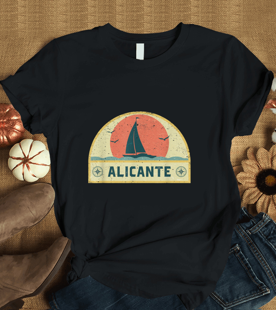 Alicante Spain Sailing Adventure with Nautical Sunset and Seagulls T-Shirt