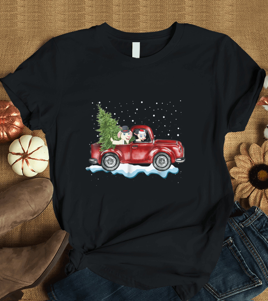 Vintage Red Pickup Truck Goat Christmas Tree Snowy Night Scene T-Shirt
