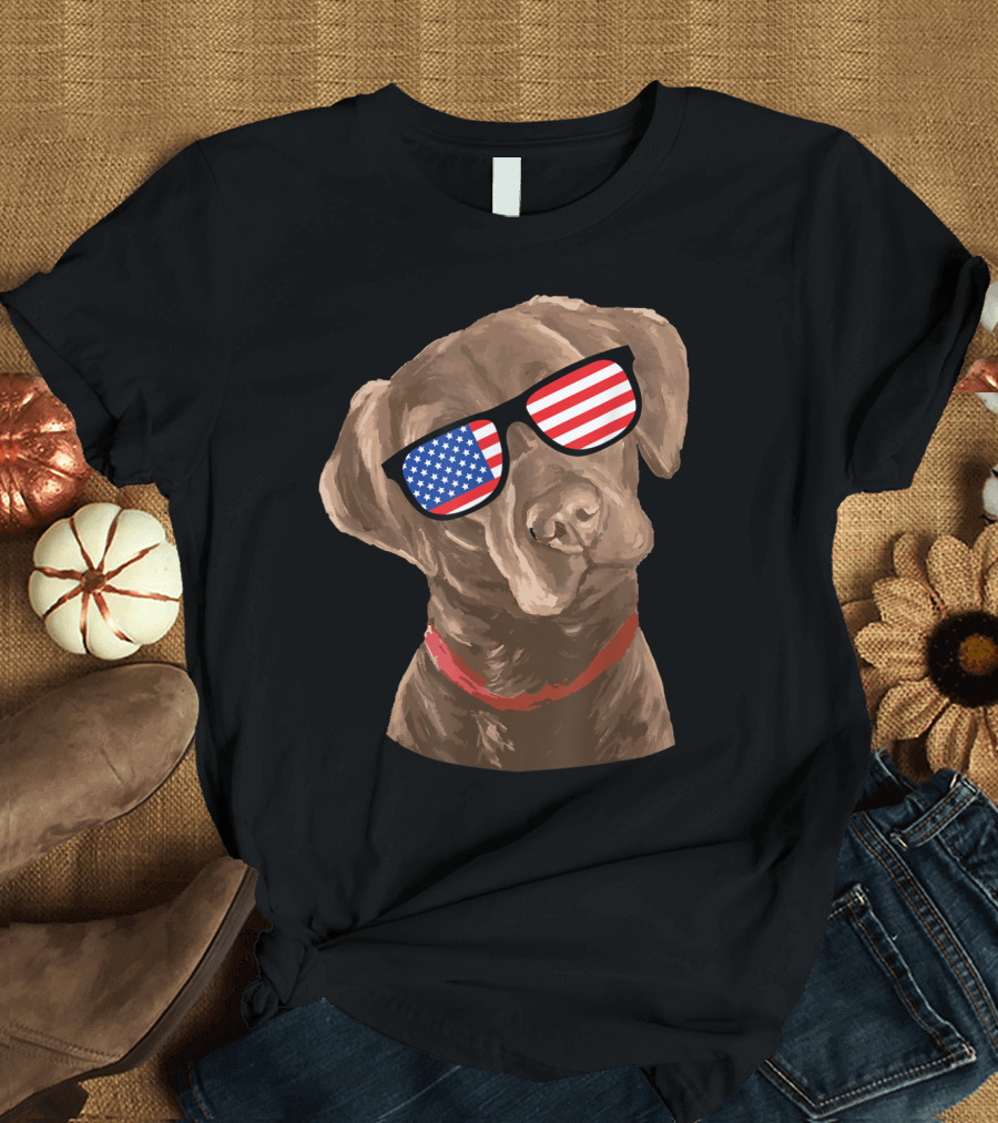 Chocolate Labrador Wearing American Flag Sunglasses T-Shirt
