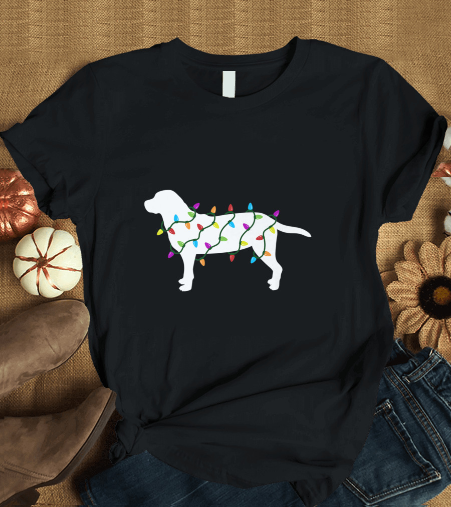 Labrador Retriever Wrapped in Colorful Christmas Lights Holiday Humor T-Shirt