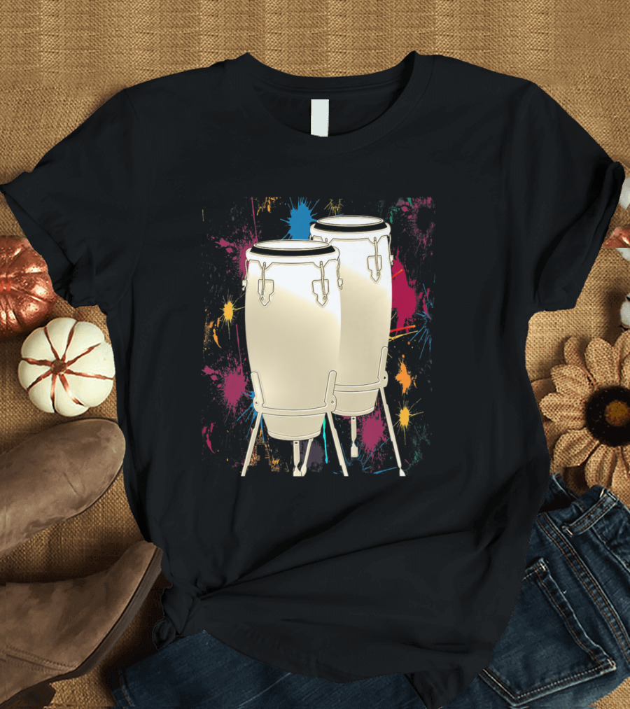Conga Drum Double Set with Colorful Paint Splatter Background T-Shirt