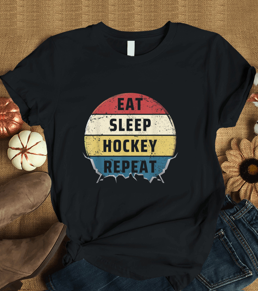 Eat Sleep Hockey Repeat Ice Puck Vintage Multicolor Stripes Iconic Sports T-Shirt