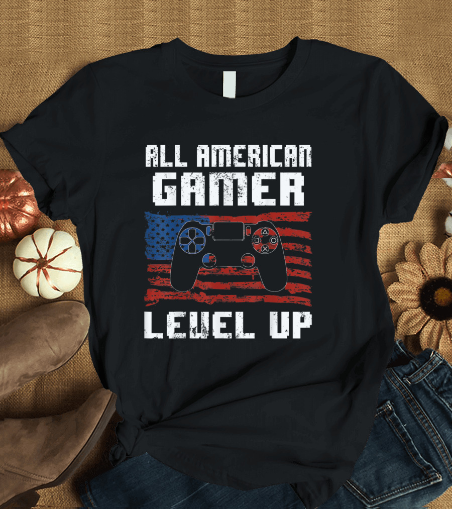 All American Gamer Level Up USA Flag Video Controller 4th July T-Shirt