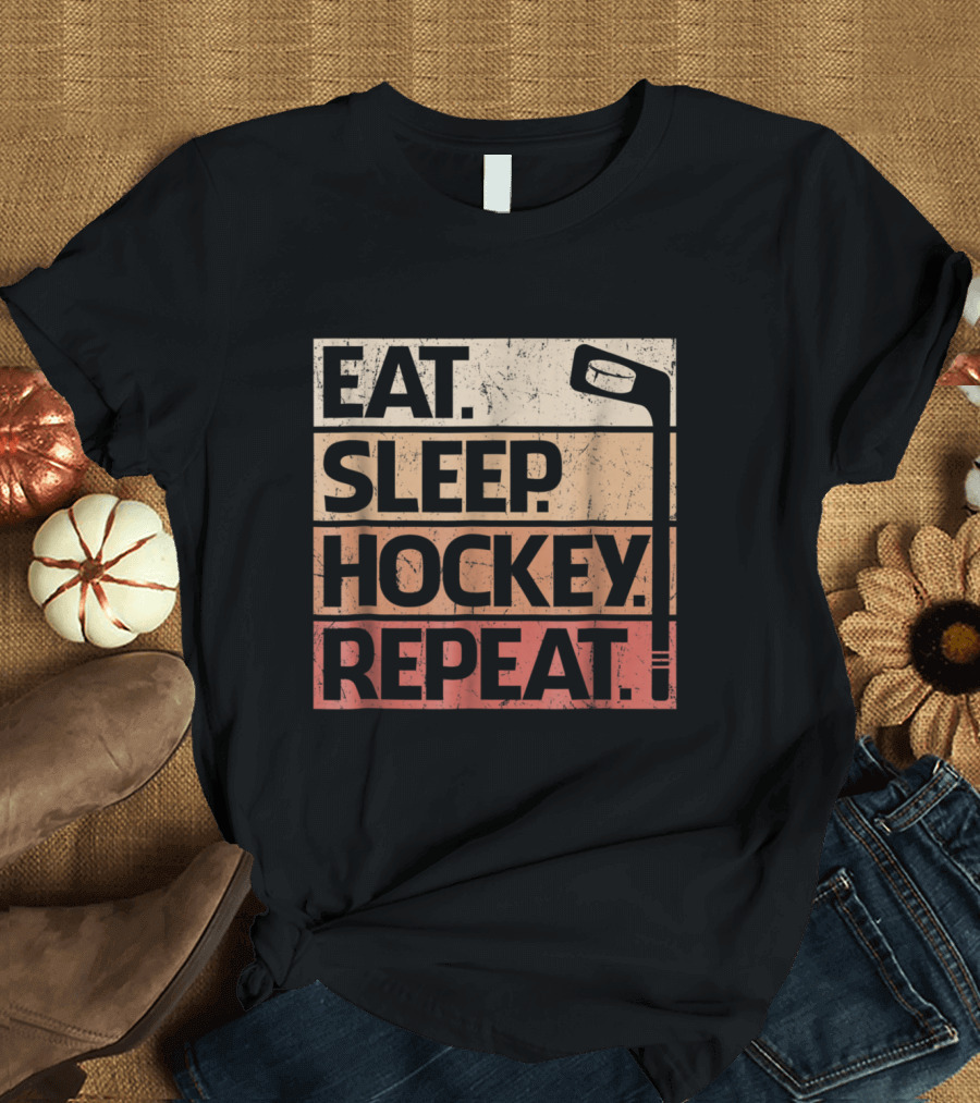 Eat Sleep Hockey Repeat Vintage Distressed Design with Hockey Stick T-Shirt