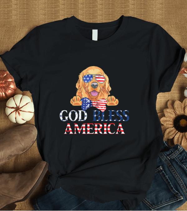 T-Shirt: God Bless America Golden Retriever with Patriotic Sunglasses and Bow Tie T-Shirt God Bless America Golden Retriever with Patriotic Sunglasses and Bow Tie T-Shirt