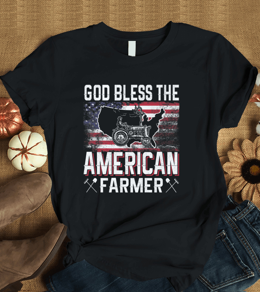 God Bless The American Farmer Map Tractor and Stars and Stripes USA Flag T-Shirt