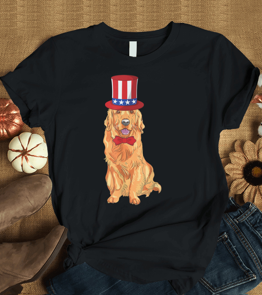 Golden Retriever Wearing Patriotic Hat and Bow Tie for American Dog Lovers T-Shirt