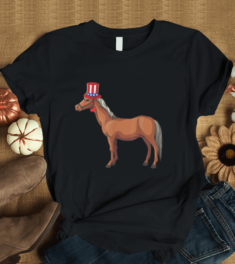 Patriotic American Horse with Uncle Sam Hat Fourth of July Flag T-Shirt