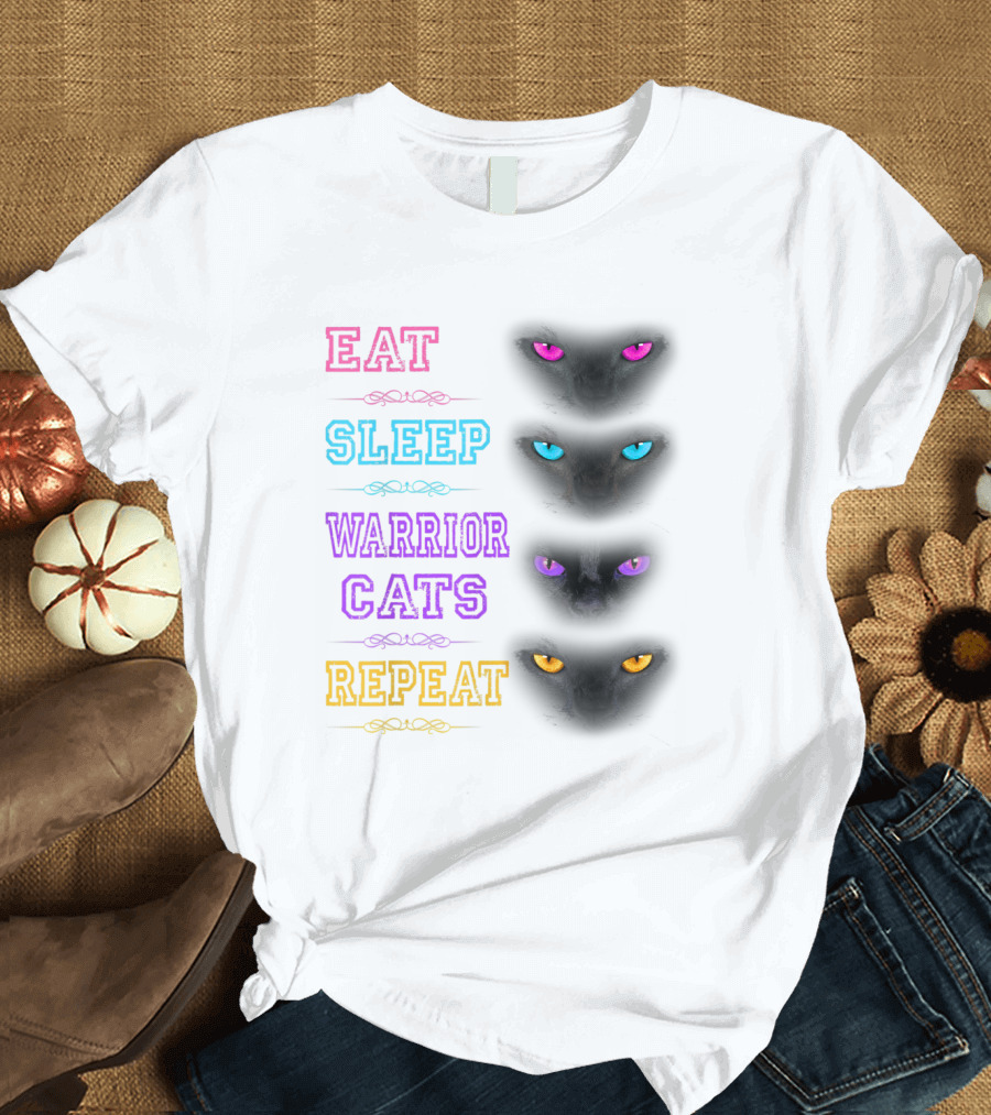 Eat Sleep Warrior Cats Repeat Funny Cat Love Colorful Eyes Black Cat Faces T-Shirt
