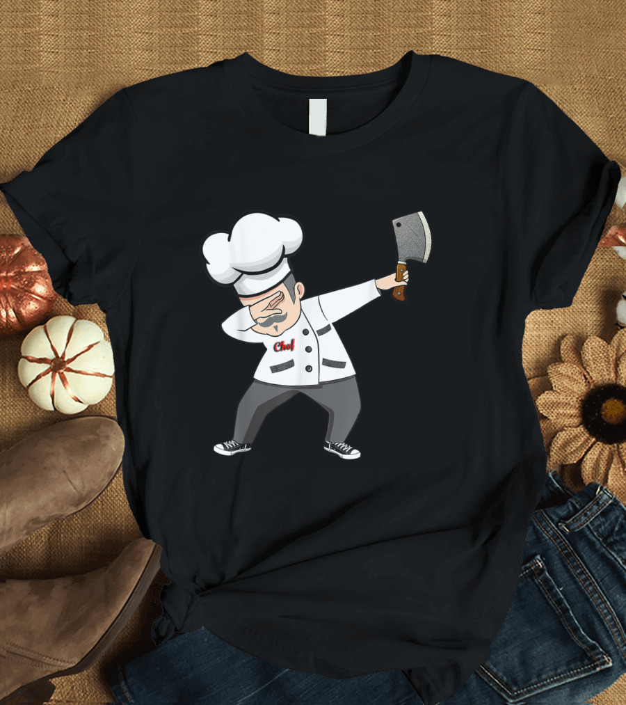 Playful Dabbing Chef Cartoon with Cleaver and Chef Hat T-Shirt