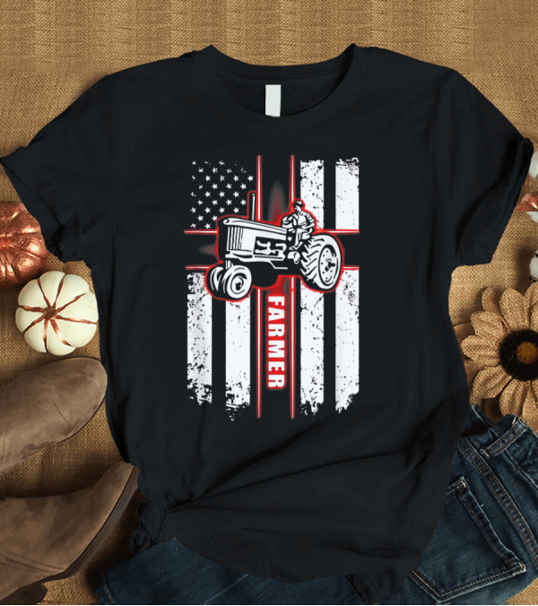 T-Shirt: American Farmer Riding Tractor Over Patriotic Flag Stripes T-Shirt American Farmer Riding Tractor Over Patriotic Flag Stripes T-Shirt