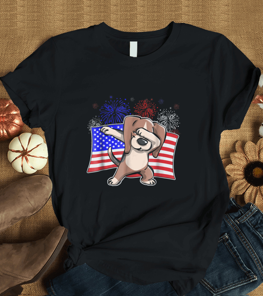Dabbing Beagle Celebrating Independence Day with American Flag and Colorful Fireworks T-Shirt