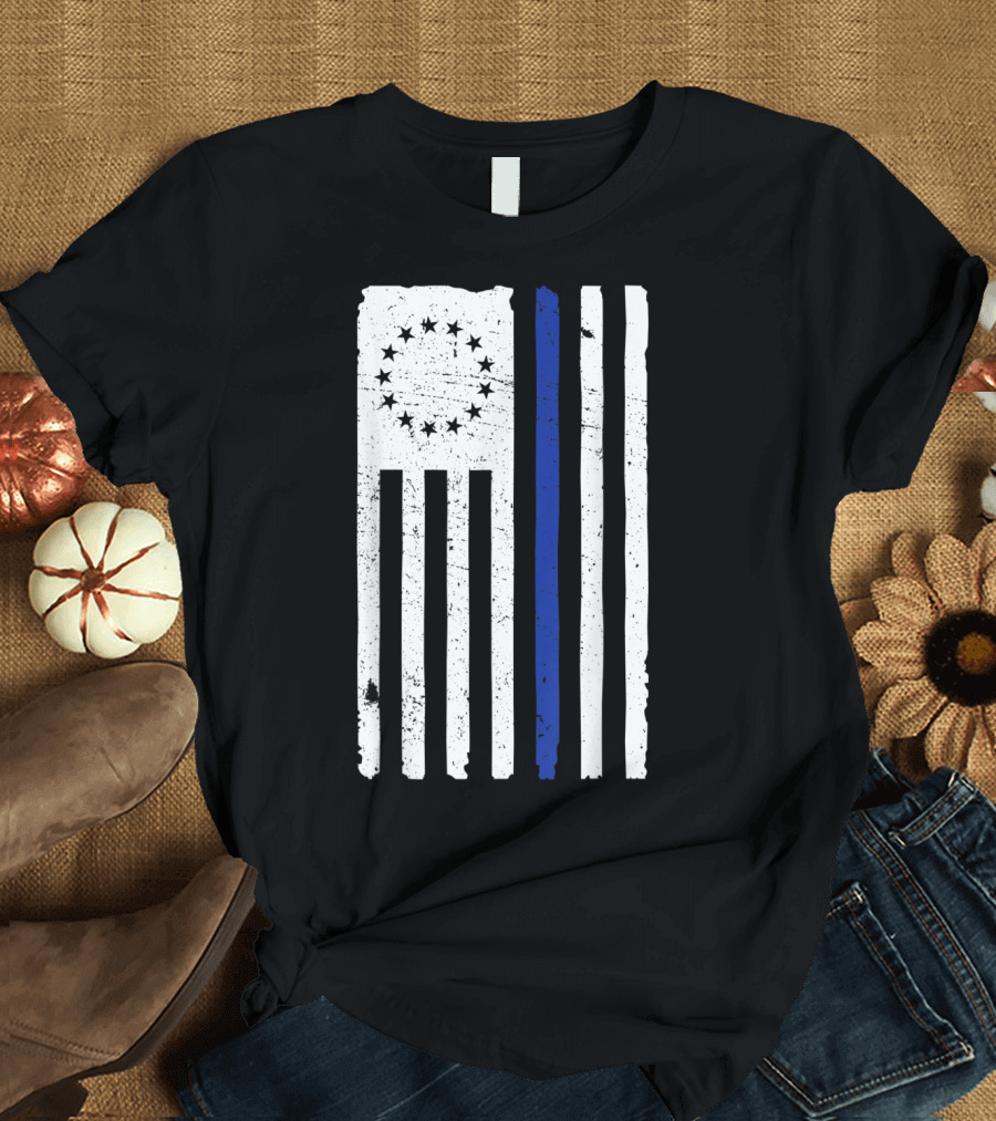 Betsy Ross Flag with Thin Blue Line for Police Support T-Shirt