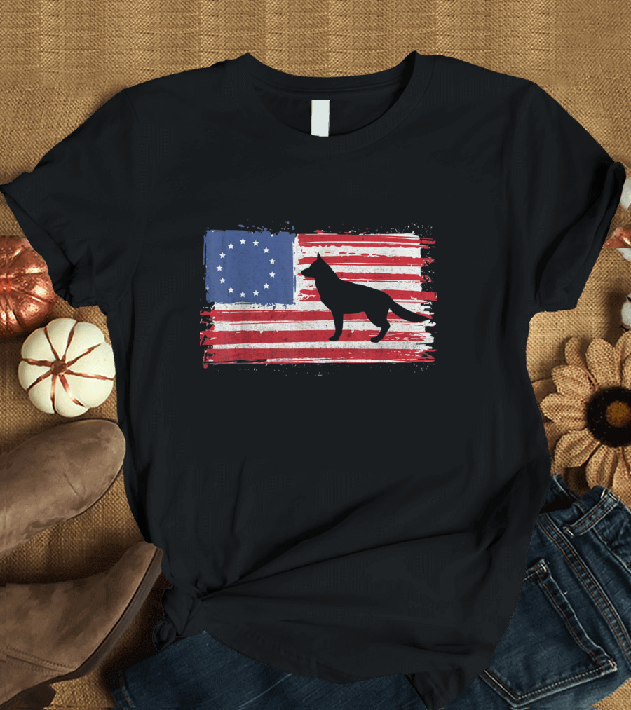 Betsy Ross Flag with German Shepherd Silhouette on American Colors T-Shirt