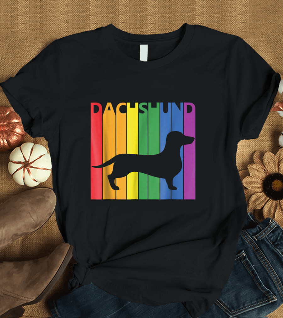 Dachshund Silhouette Over Rainbow Stripes Colorful T-Shirt