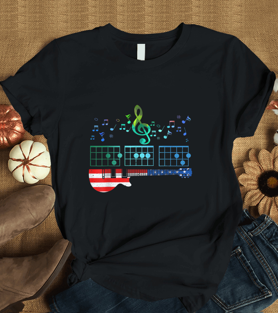 Patriotic Guitarist Fun DAD Chords with American Flag and Musical Notes T-Shirt