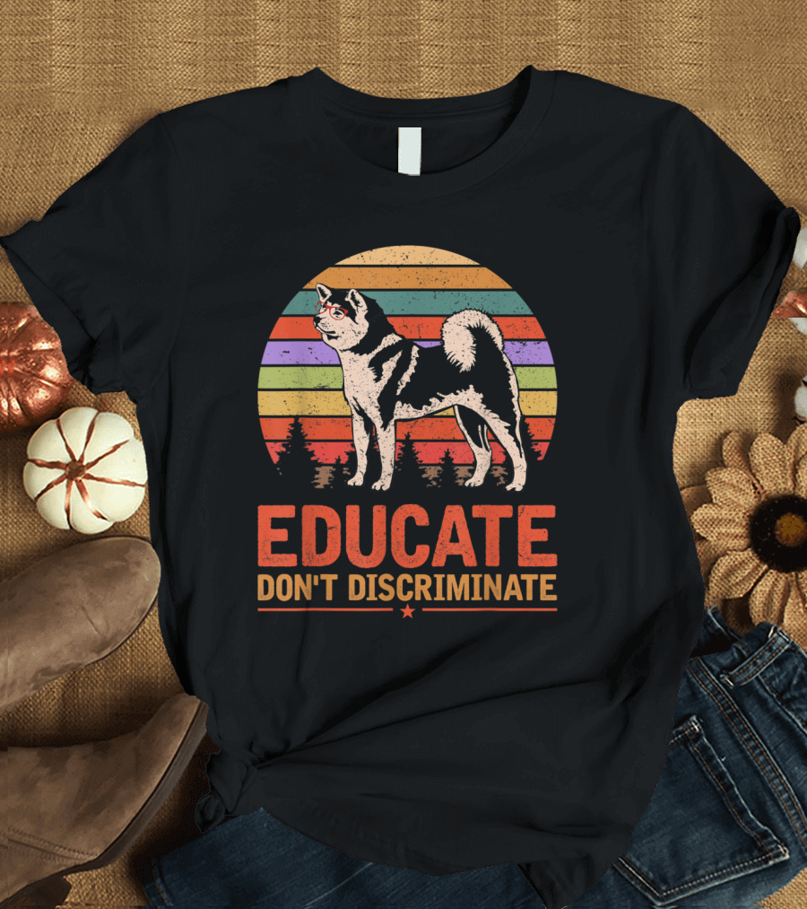 Educate Don't Discriminate Akita Inu Retro Sunset T-Shirt